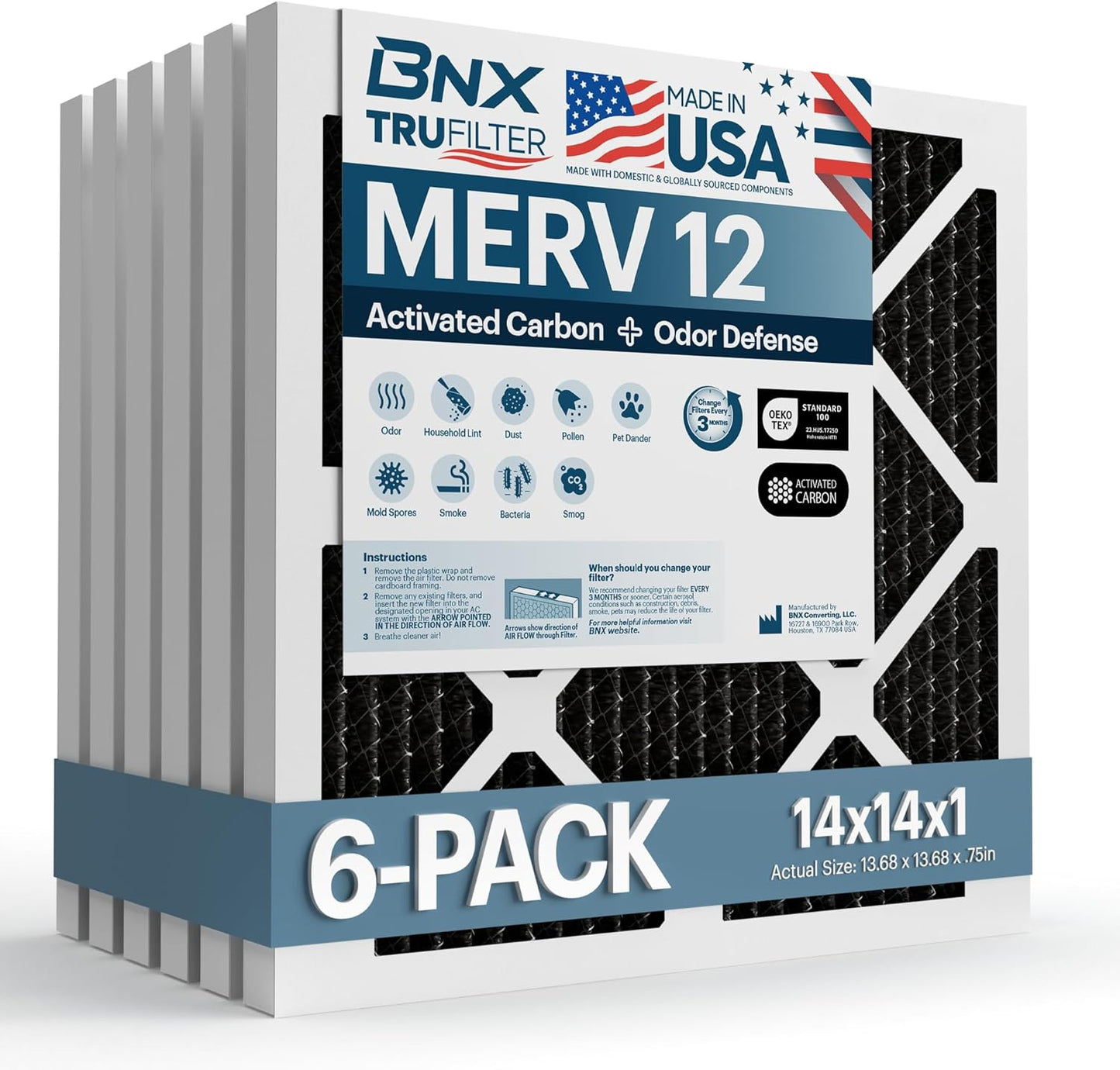 BNX TruFilter 14x14x1 MERV 12 Odor Defense (6-Pack) AC Furnace Air Filter with Activated Carbon - MADE IN USA - Pleated Air Conditioner HVAC AC Furnace Filters - Removes Odor, Mold, Bacteria, Smoke