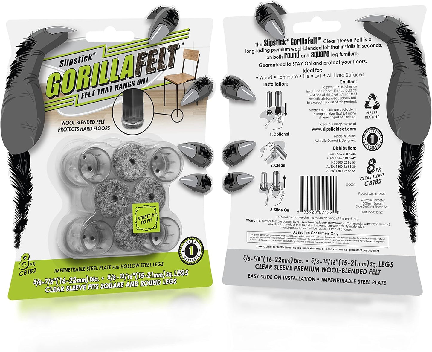 Slipstick GorillaFelt Chair Leg Floor Protectors for Hardwood Floors, Clear Sleeve Felt Pads for Furniture That Stay On, Fits Round & Square Legs, Includes 8 Premium Transparent Chair Socks, CB182