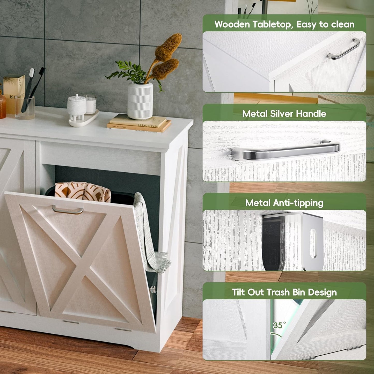 Betterhood Tilt Out Trash Can Cabinet, Hidden Trash Bin with Deodorizing & Negative Ion System, Pet-Proof Kitchen Waste Cabinet for Kitchen, Dining Room, Living Room (White, 2 * 10 Gallons)