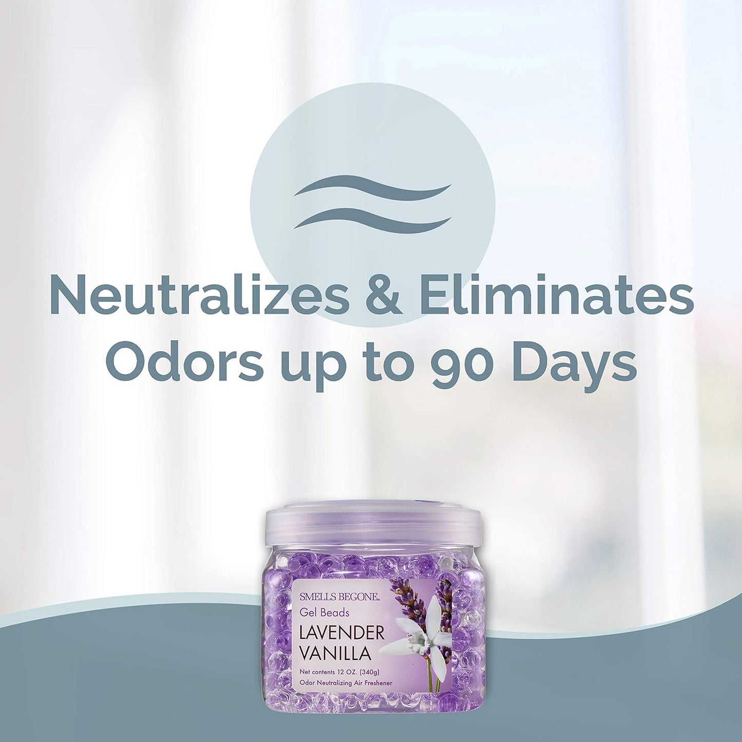 SMELLS BEGONE Odor Eliminator Gel Beads - 12 oz, Pack of 6 - Eliminates Odor in Bathrooms, Cars, Boats, RVs & Pet Areas - Air Freshener - Made with Essential Oils - Lavender Vanilla Scent