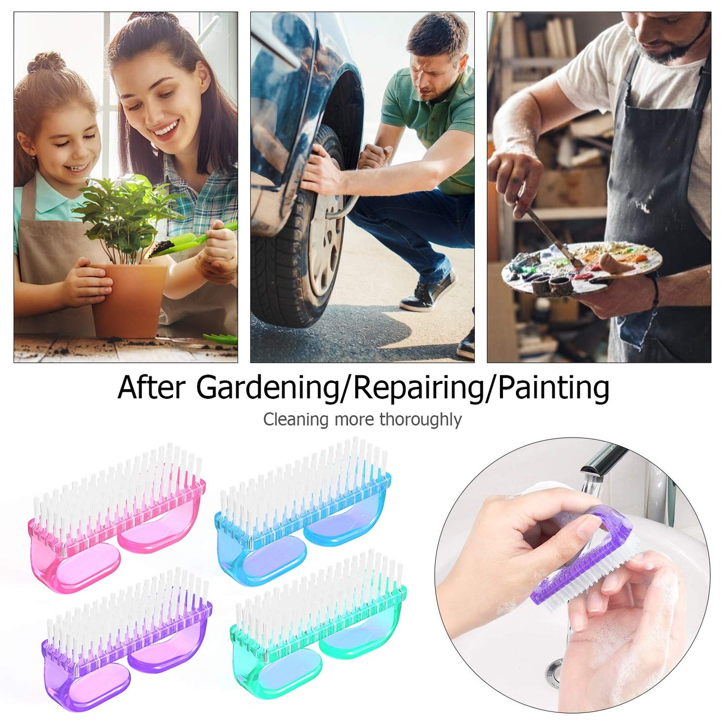 Handle Grip Nail Brush, Hand Fingernail Brush Cleaner Scrubbing Kit Pedicure for Toes and Nails Men Women (4 Pack) (Color-2)