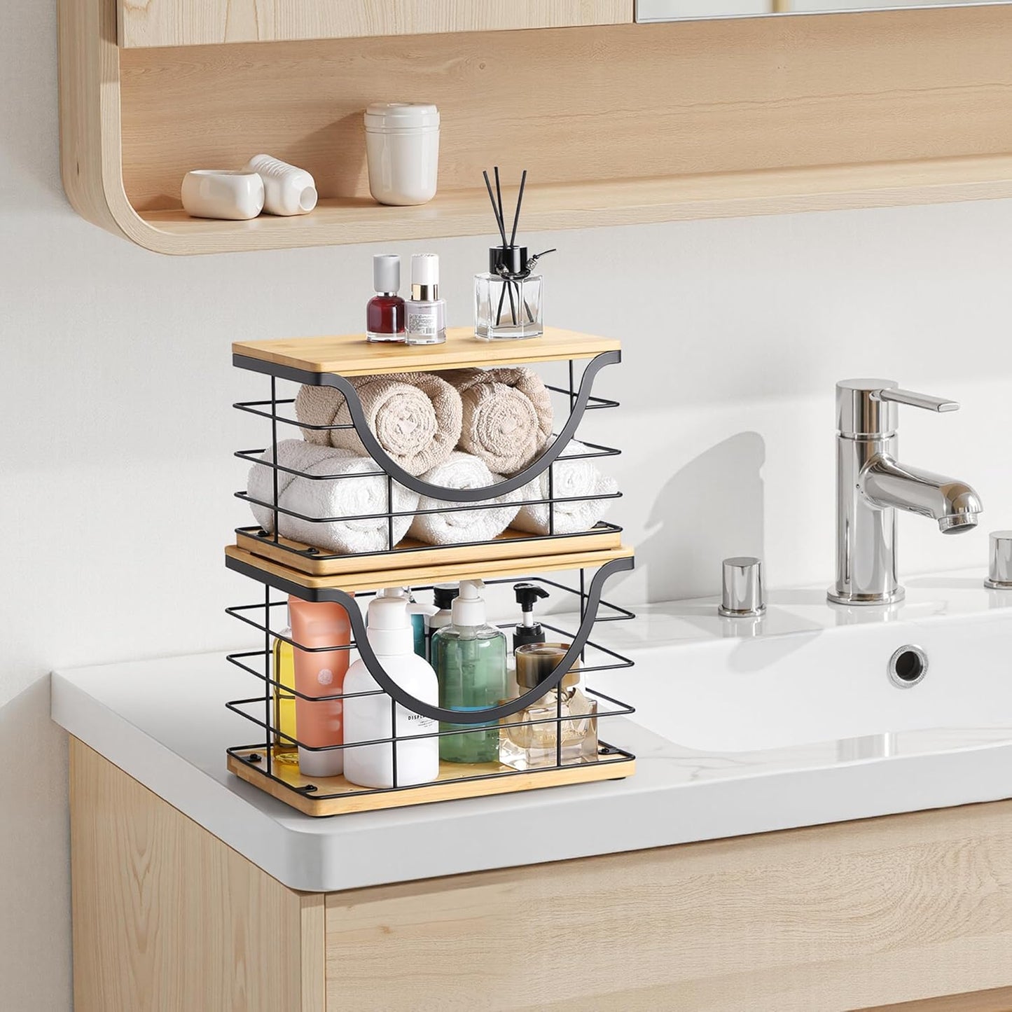 Extra Large Trash Bag Holder Stackable Kitchen Storage, 2 Pack Wall Mounted Pantry Organizers and Storage with Bamboo Top, Garbage Bag Dispenser Under Sink for Laundry Room and Kitchen