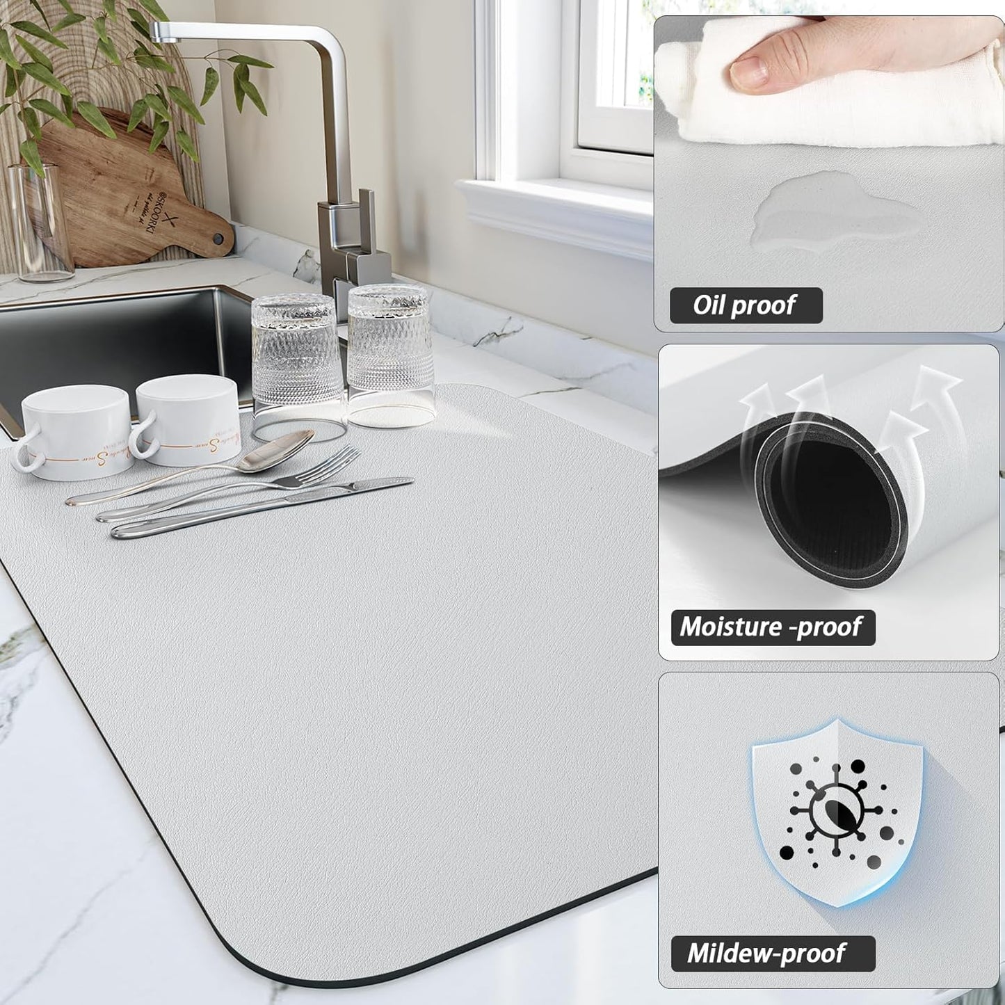 Dish Drying Mat for Kitchen Counter, Heat Resistant Drainer Mats with Non-slip Rubber Backed, Hide Stain Kitchen Super Absorbent Draining Mat, Easy to Clean Dish Rack Pad, Light Grey 18"x28"