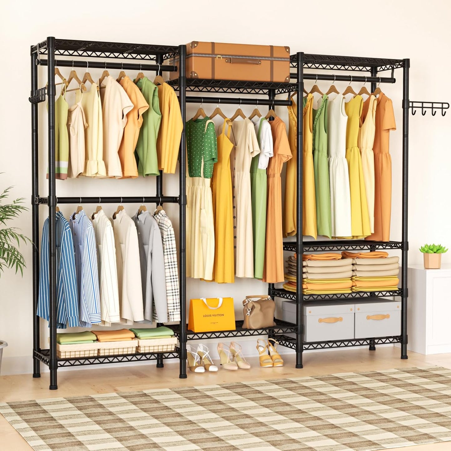 Heavy Duty Garment Rack Large Clothes Rack,Freestanding Closet Portable Clothing Rack with 8 Adjustable Wire Shelves and 4 Hang Rods,Metal Closet Storage Wardrobe Organizer System,Max Load 800lbs