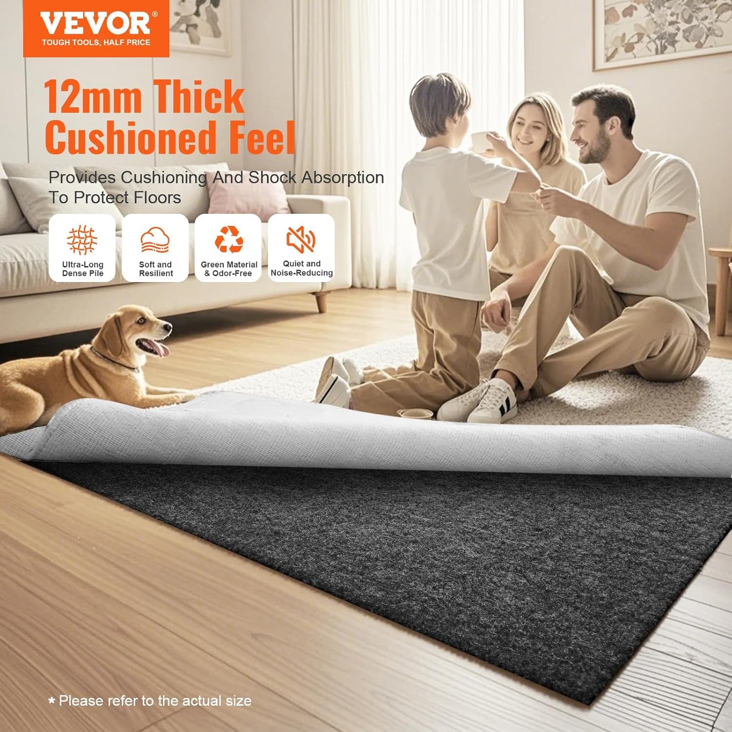 VEVOR Rug Pad Without Slip Resistance, Protective Cushioning Carpet Pad 9' x 12', 1/2" Thick, 100% Pure Polyester Felt, 10-11㎡ Premium Comfort Underfoot Carpet Padding Rug Cushion for All Floor, Gray