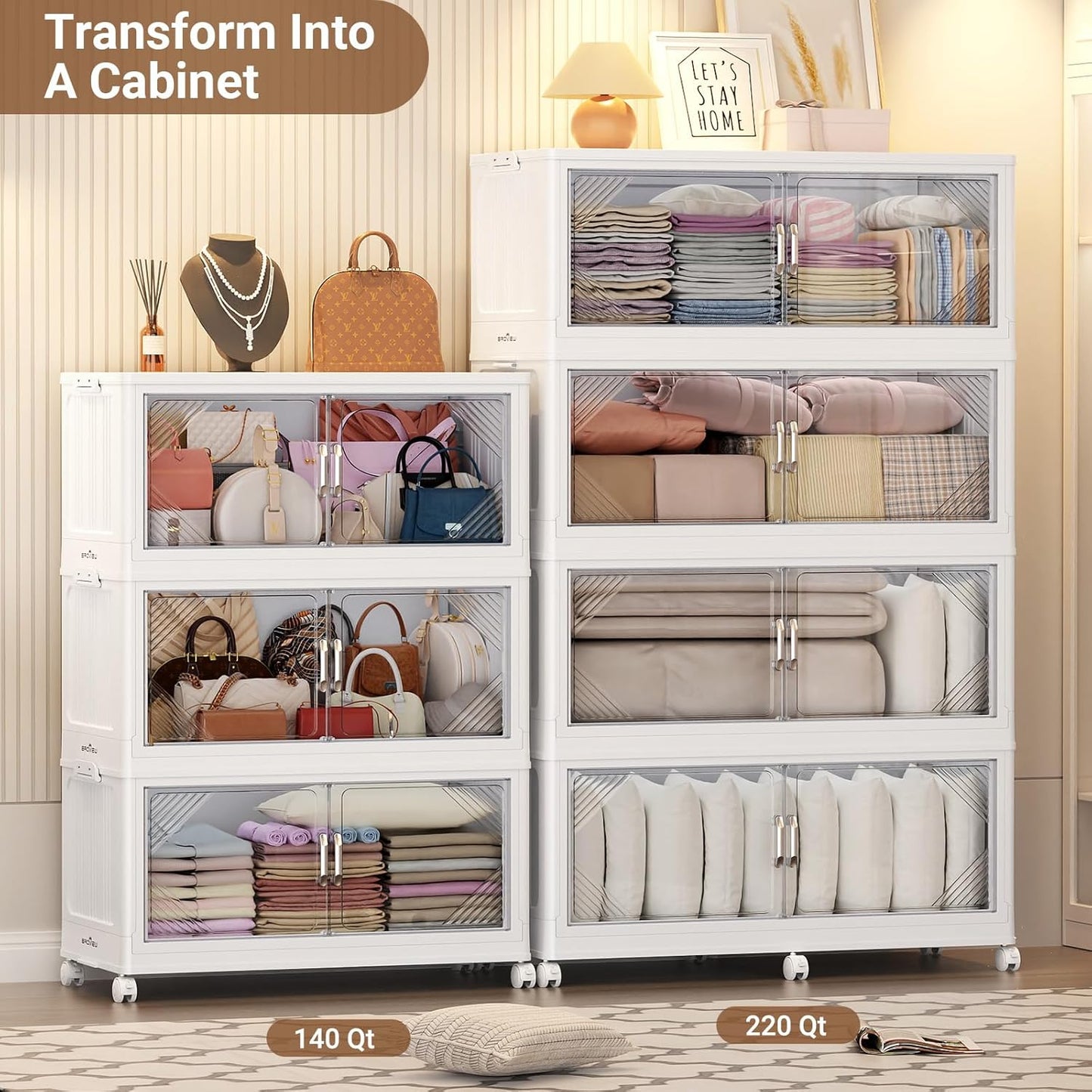 220Gal Plastic Stackable Storage Bins with Lid, 880QT Extra Large Closet Organizers Collapsible Cabinets Boxes With Drawers, Foldable Containers with 6x Wheels for Home Kitchen, V60 4Pack White