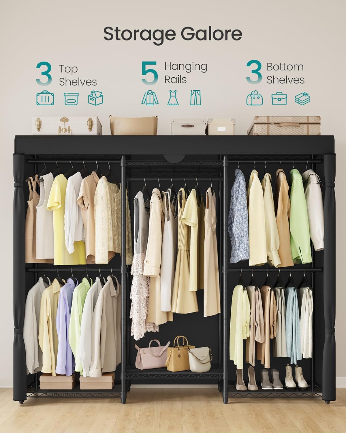 SONGMICS Heavy-Duty Clothes Rack, Garment Rack, Portable Closet, 68.7-Inch Wide Clothing Rack with Adjustable Mesh Shelves and Hanging Rails, Ink Black ULGR435B01