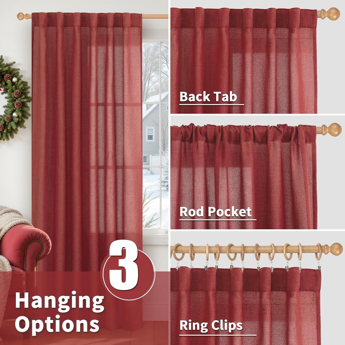 YoungsTex Red Linen Curtains 54 Inch Length for Kitchen, Light Filtering Semi Sheer Small Window Drapes Rod Pocket Back Tab for Christmas Living Room Cafe, 2 Panels, 42 X 54 Inch