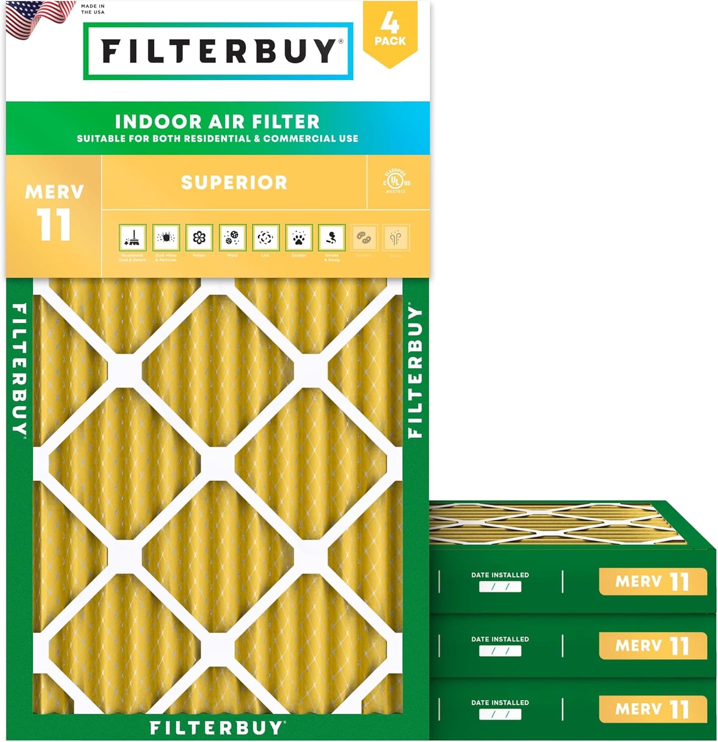 Filterbuy 16x24x2 Air Filter MERV 11 (MPR 1200) Allergen Defense Replacement (4-Pack), Electrostatic Pleated HVAC AC Furnace Filters, Made in USA (Actual Size: 15.38 x 23.38 x 1.75)