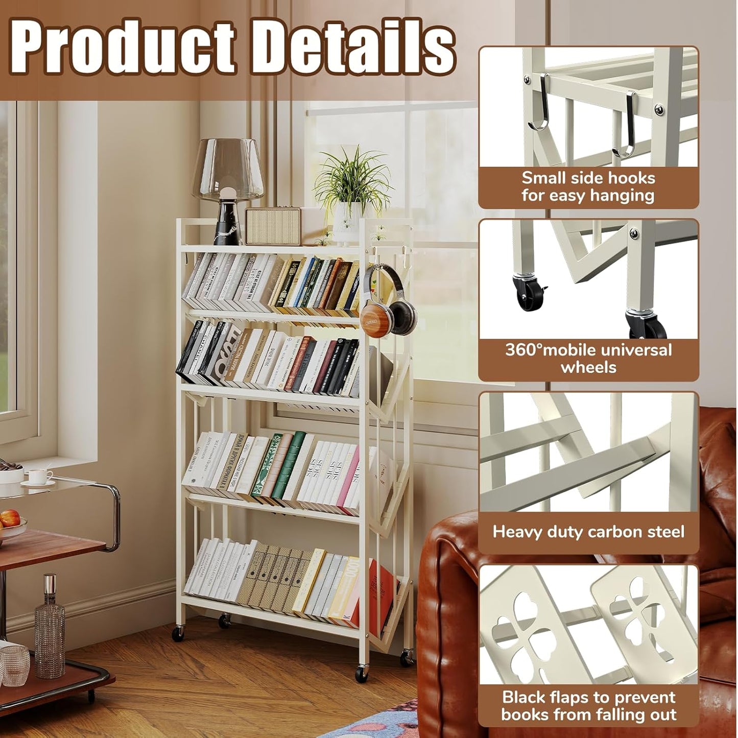 Book Carts 5 Tier 57.7x35.4x9.84 in Rolling Book Cart Large Capacity Bookshelf Storage Rack Mobile Book Storage with Wheels Cart for Home Office Living Room Classroom (5 Tier White)