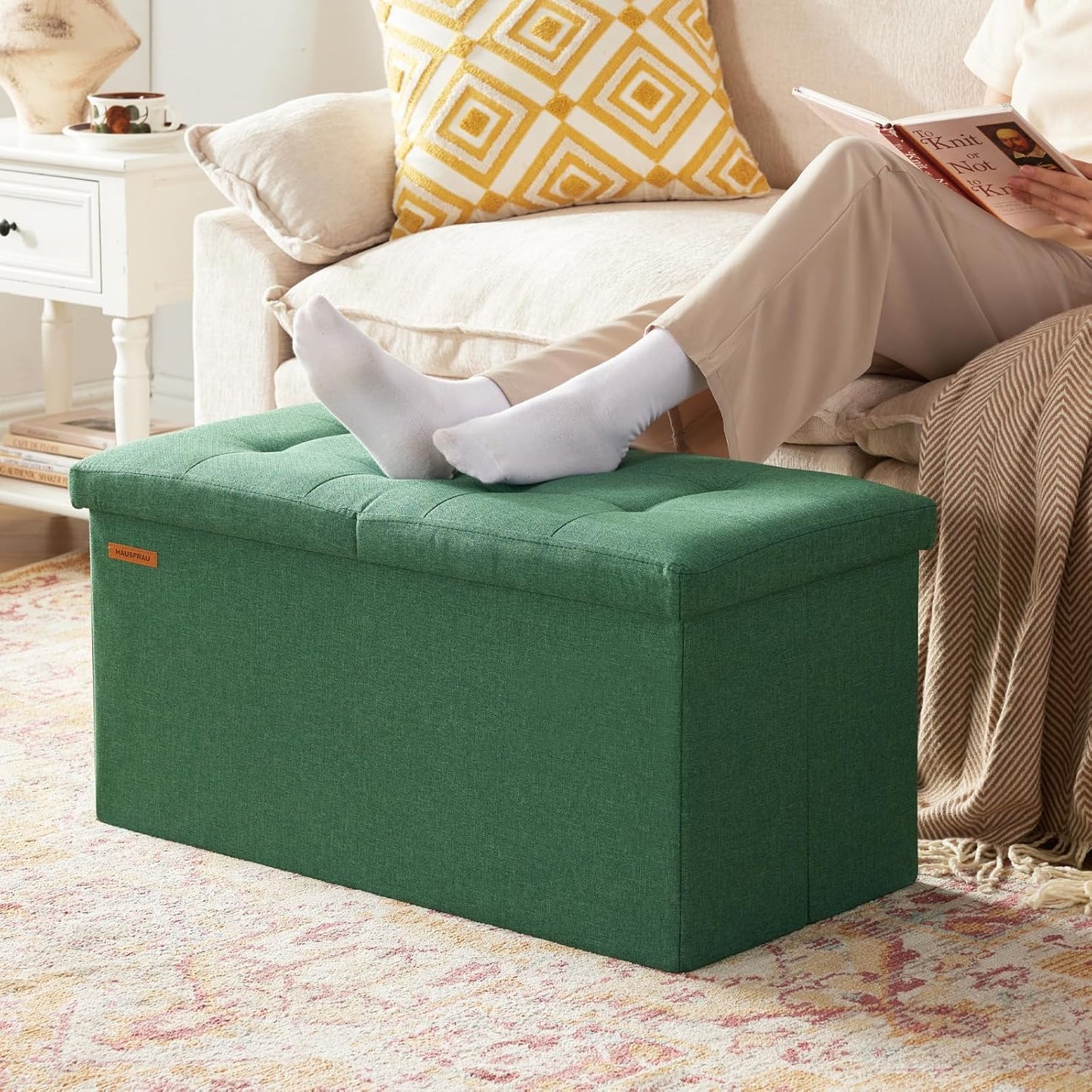 HAUSFRAU - 30 Inches Storage Ottoman Bench with Flipping Lid, Foldable Storage Chest Foot Rest for Living Room, Bedroom, Entryway, Load 660 lb, Linen Green