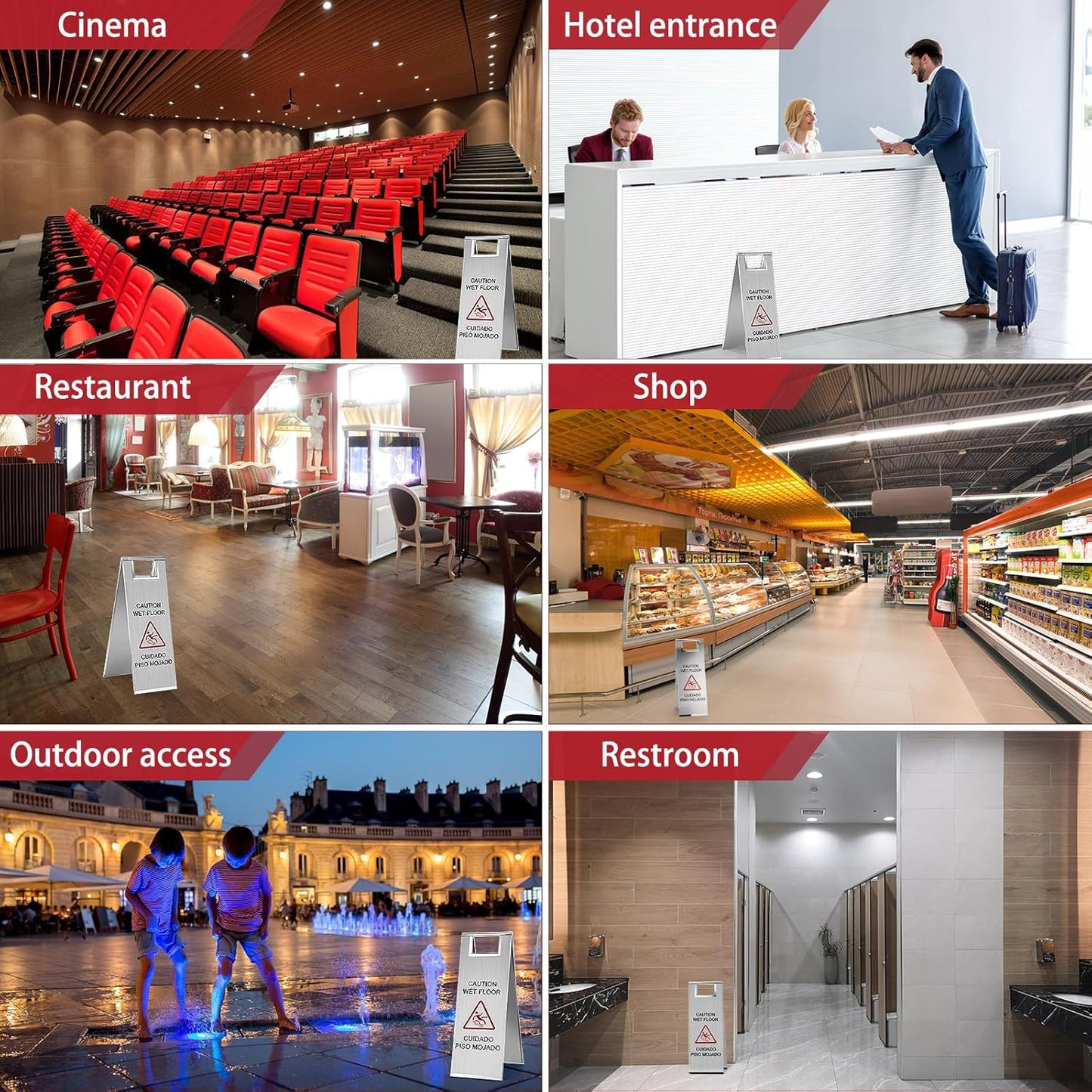 8 Pcs 24 Inch Stainless Steel Wet Floor Sign 8.8 Pound Caution Wet Floor Sign Bulk Double Sided Portable Foldable Bilingual Safety Warning for Kitchen Restaurant Restroom Avoid Fall (Silver)