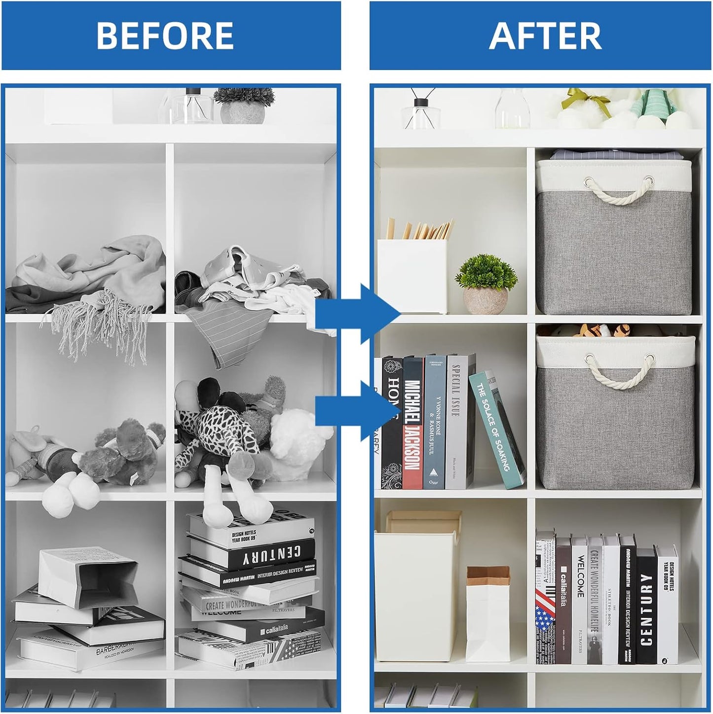 Temary Baskets for Organizing, 2 Pack Storage Baskets Large Fabric Baskets with Handles, Decorative Basket for Gifts Empty for Home (White&Grey,16Lx12Wx12H Inches)