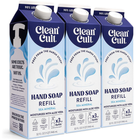 Cleancult - Liquid Hand Soap Refills - Sea Minerals - Gentle On Sensitive Skin - Made with Aloe Vera & Essential Oils - Eco Friendly - Paper-Based Packaging - 32 oz/3 Pack
