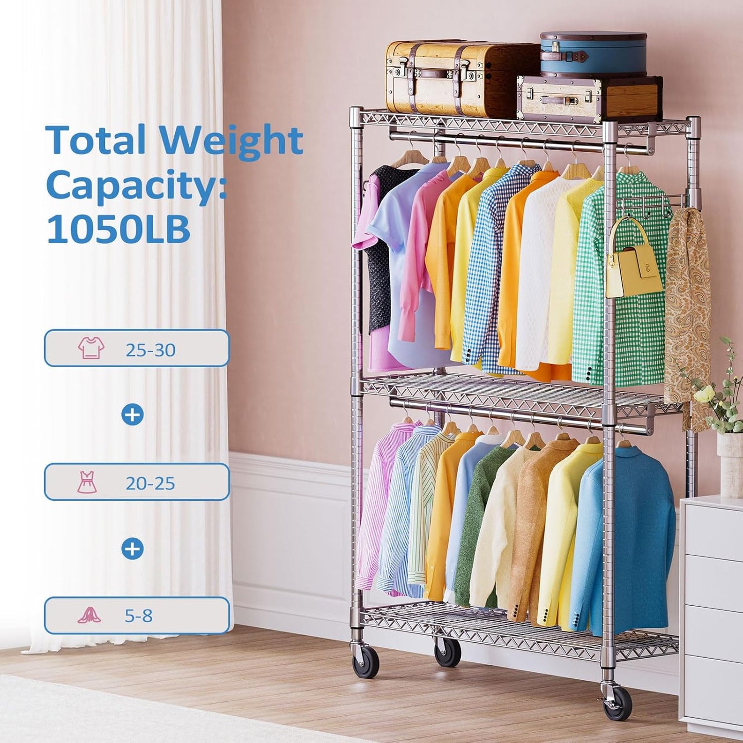 IZEUK 3-Tier Heavy Duty Rolling Garment Rack, Chrome Metal Freestanding Closet Wardrobe Rack with Double Rods and Side Hooks, 15.7" D x 45.3" W x 79.6" H