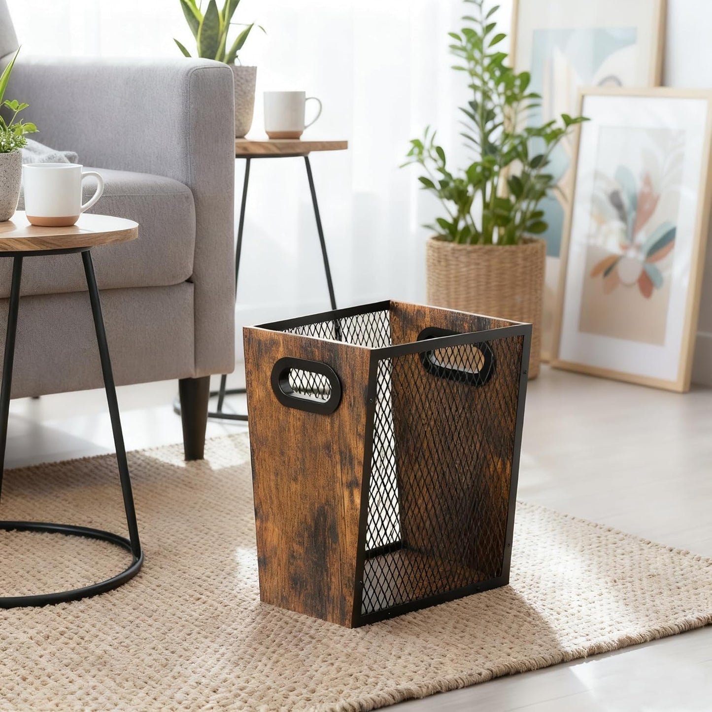 Piskyet Rustic Office Trash Can for Near Desk, 4.5 Gallon Unique Wood Bedroom Garbage Can,Vintage Wastebasket with Handle, Decorative Trash Can for Home Office,10.8" L x 7.8" W x 11.8" H
