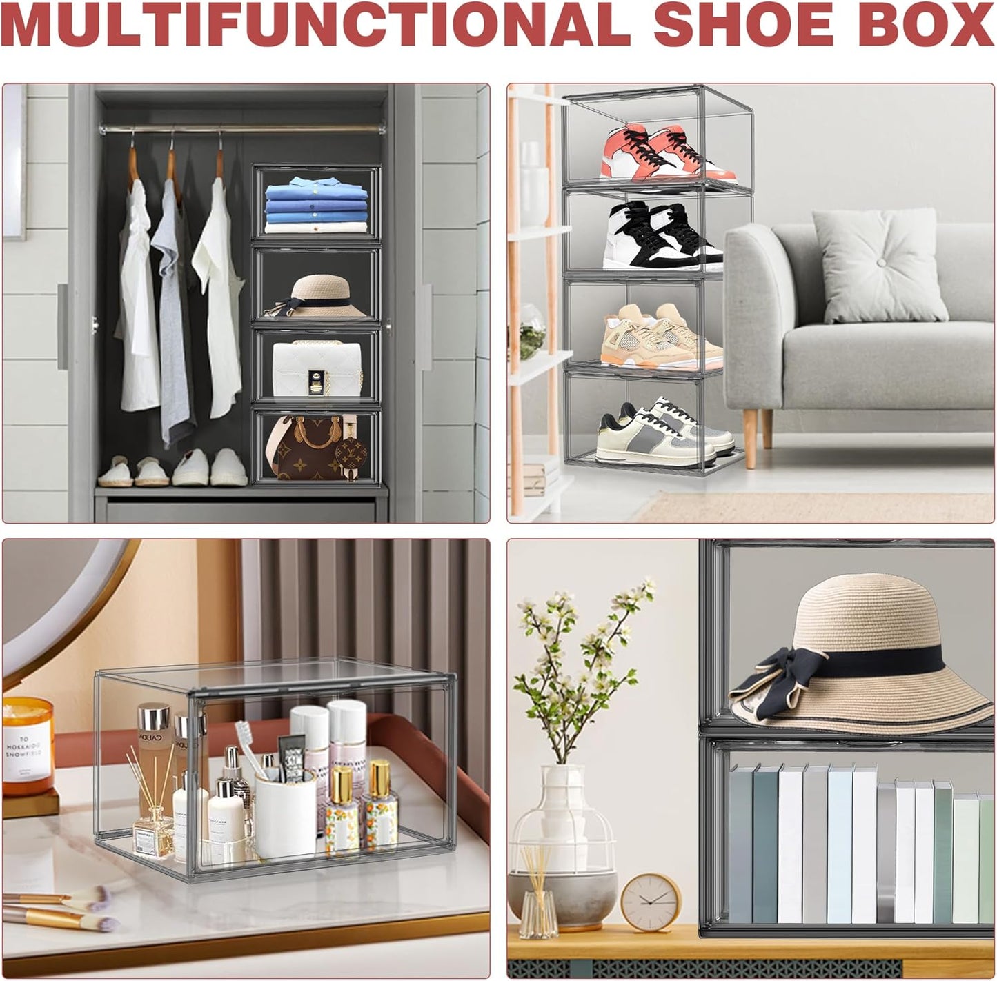 Shoe Organizer for Closet Clear Storage Box Sturdy Plastic Stackable Shoe Rack Sneaker Display Case with Magnetic Lids, 1 Pack Size 13