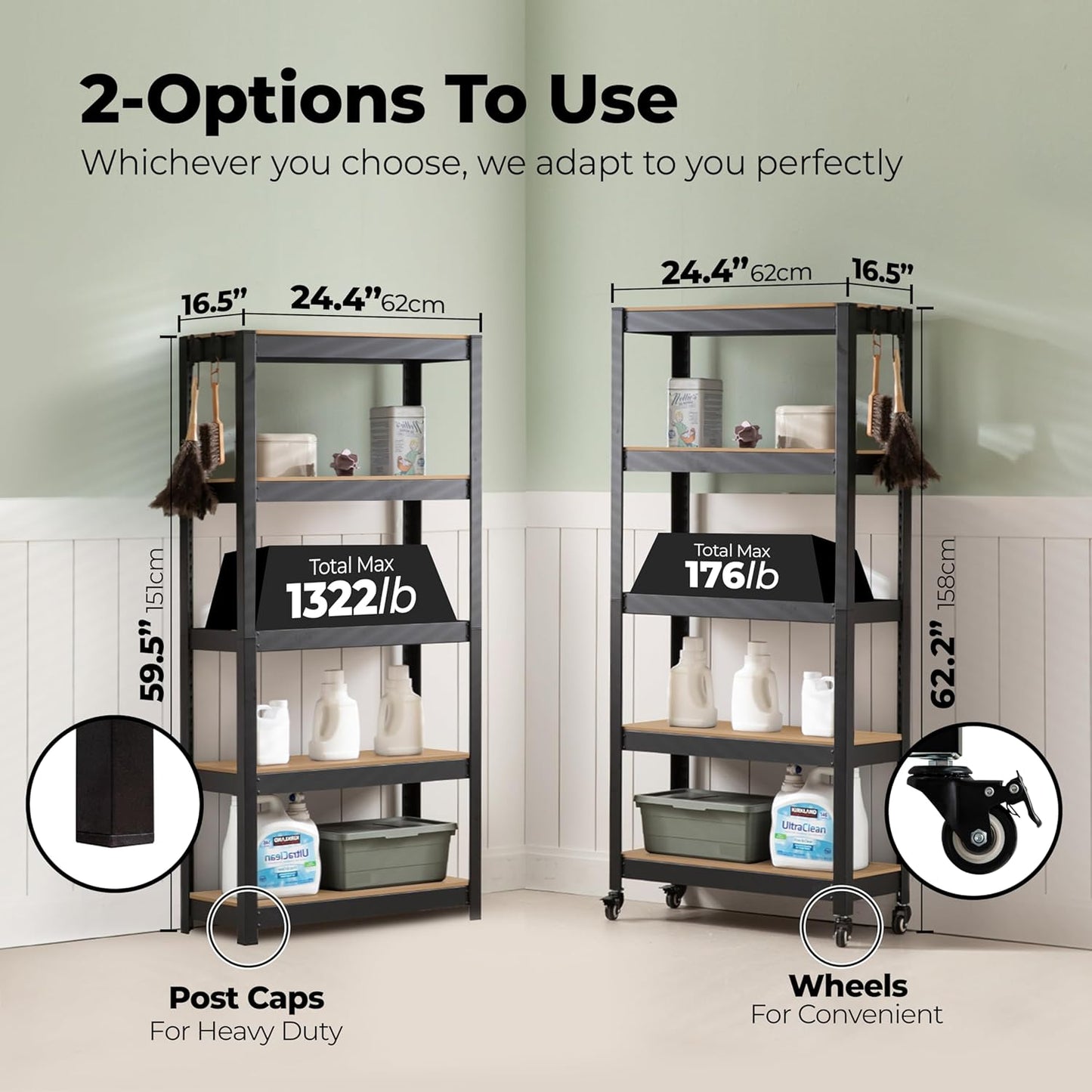 HOMEDANT House 5-Tier Metal Rolling Cart Shelf Rack Casters Heavy Duty Laminated Wheel Shelving Unit Adjustable Utility Storage Shelves Organizer Shelf Kitchen Garage 24.4" W x 16.5" D x 62.2" H 1Pack