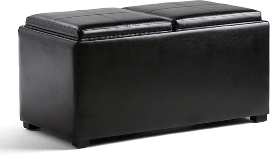 SIMPLIHOME Avalon 35 inch Wide Contemporary Rectangle 5 Pc Storage Ottoman in Midnight Black Vegan Faux Leather, Assembled, for the Living Room, Entryway and Family Room