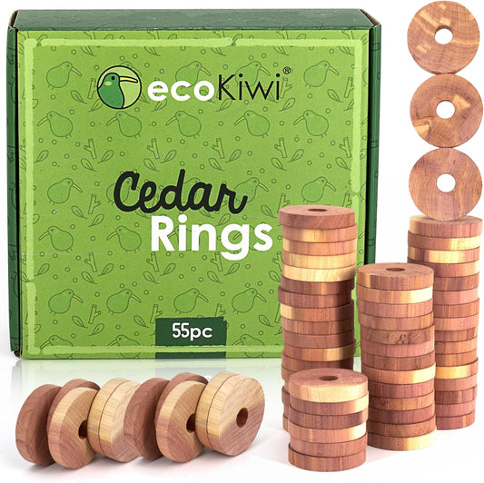 ecoKiwi Cedar Blocks for Clothes Storage - 55 Pack Cedar Rings - 100% Natural Aromatic Cedar for Closets & Drawers - Red Cedarwood Oil Scented Chips with Sandpaper - Cedar Planks Freshener Deodorizer