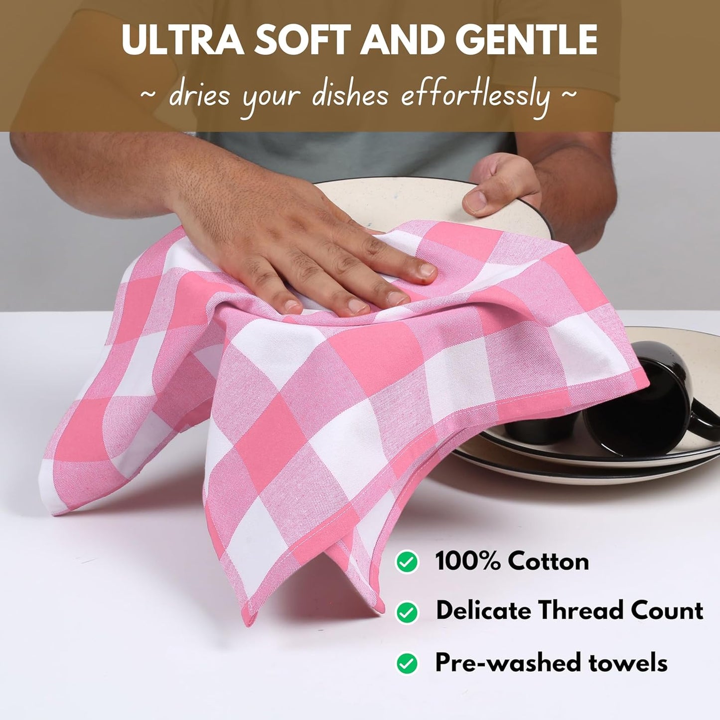 Native Fab Pink Checked Kitchen Towels 16"x26" - 6 Pack Buffalo Plaid Cotton Dish Towels - Absorbent Dishcloth Set, Soft Reusable Towel with Hanging Loop - Pink White