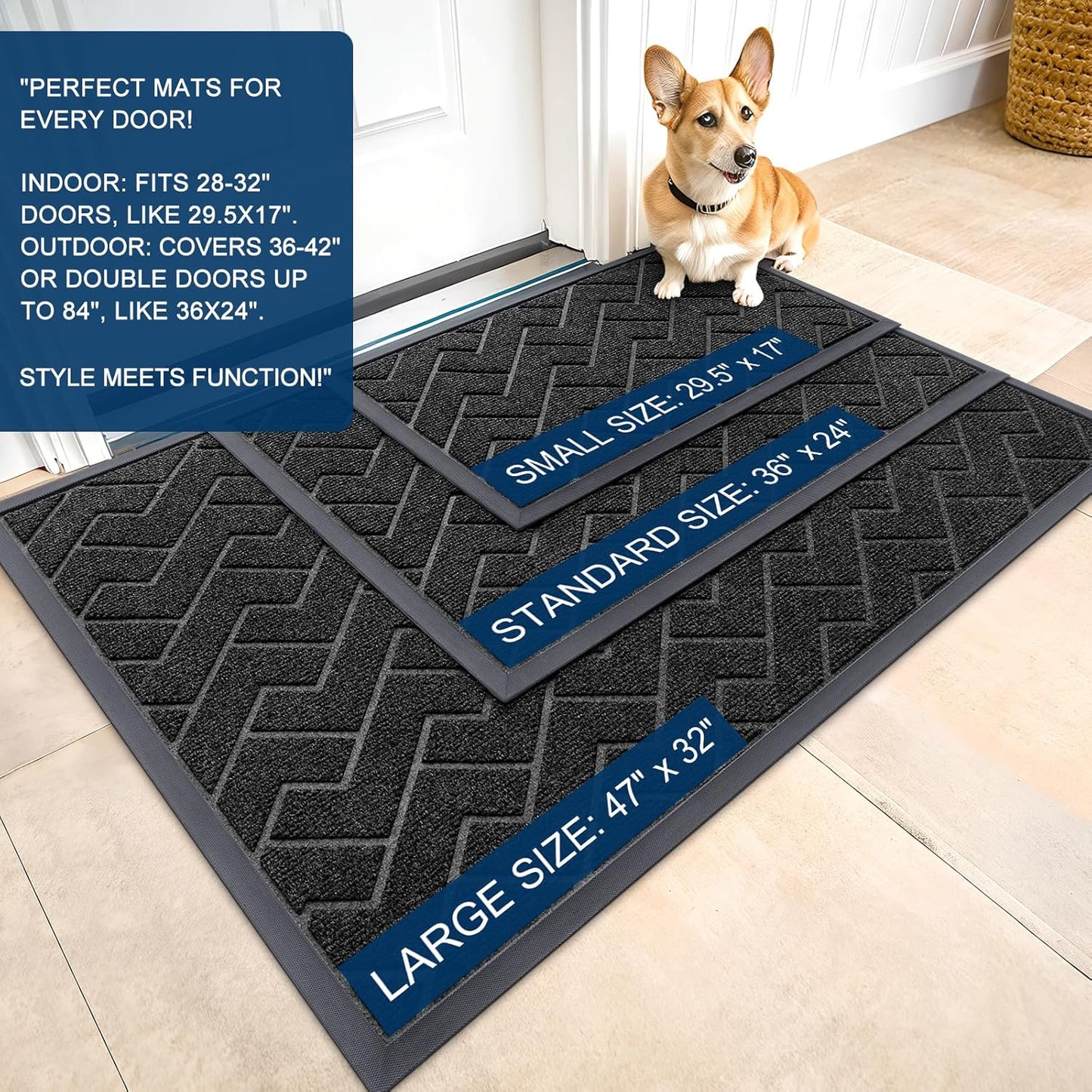 OLANLY Front Door Mat Indoor Outdoor Entrance, Waterproof All-Season, All-Weather Doormat, Sturdy Natural Rubber, Low Profile, Easy Clean Patio Porch Entryway Mat, Herringbone Brick (Black, 47x32)