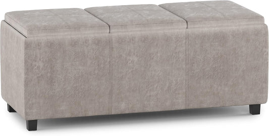SIMPLIHOME Avalon 42 inch Wide Contemporary Rectangle Storage Ottoman in Distressed Grey Taupe Vegan Faux Leather, Assembled, for the Living Room, Entryway and Family Room