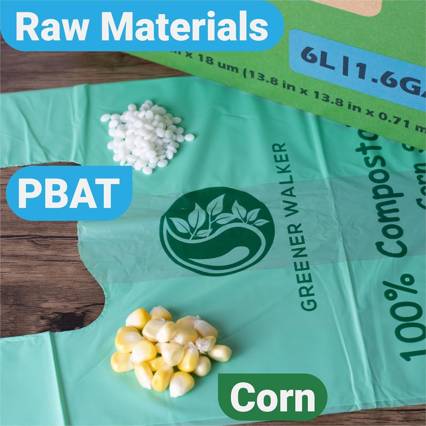 GREENER WALKER 100% Compostable Trash Bags with Tie Handles, 1.6 Gallon-150Bags, Food Scrap Kitchen Waste Bags with EN13432 Certified