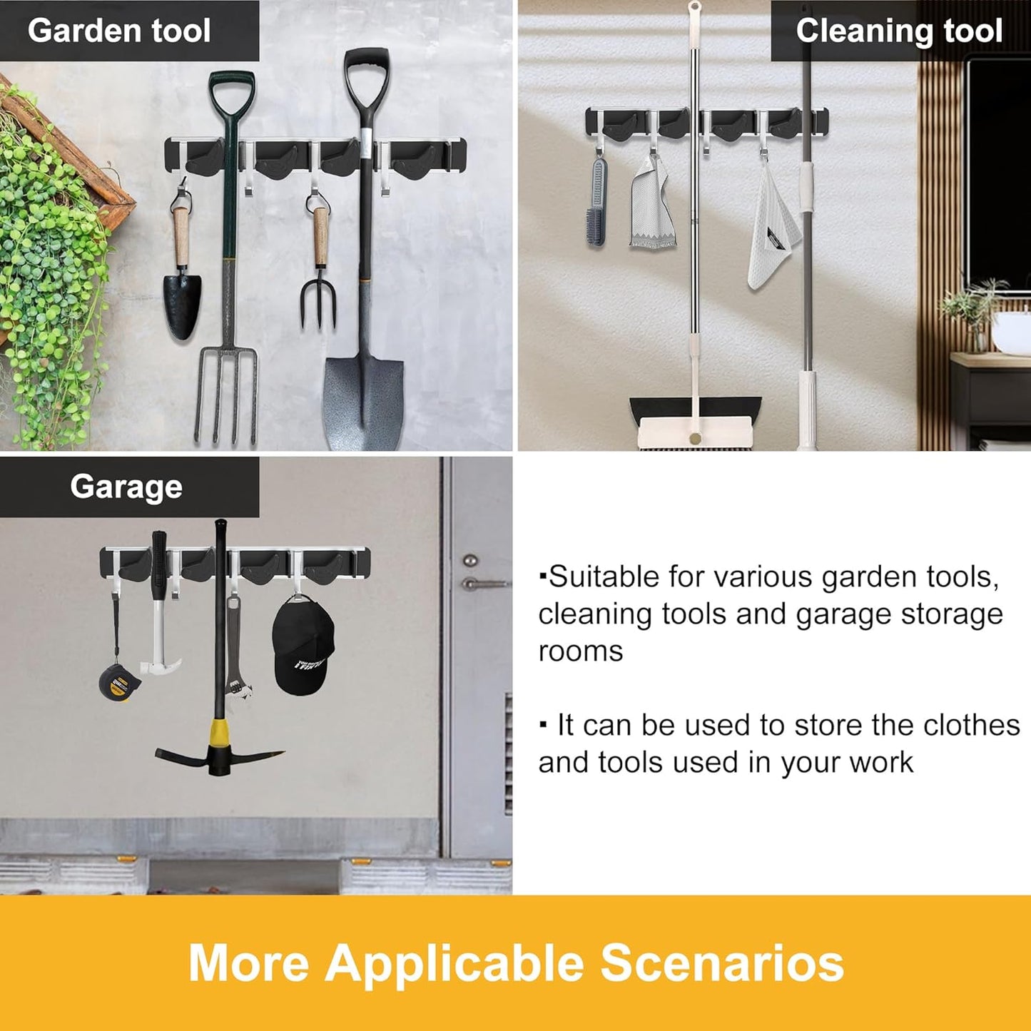 2-Pack Metal Mop Broom Holder Wall Mount - 4 Slot Tool Organizer with Rubber Grips for Kitchen, Garden, and Home Storage