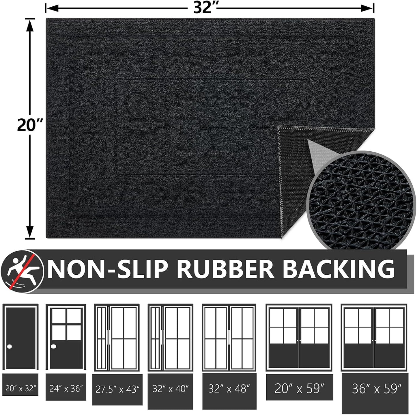 FONEYI Indoor Door Mat 20" x 32", Dirt Trapper Door Mats Non-Slip Entryway Rugs Washable, Absorbent Resist Dirt Welcome Mat, Low Profile Inside Floor Mats for Front Back Door and Entryway, Black