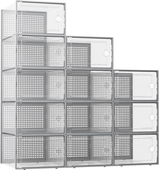 Kuject XX-Large Shoe Storage Boxes Organizers Clear Plastic Stackable 12 Pack, Shoe Rack & Holder Substitute, Sneaker Containers, Toy Storage Organizer Bins for Entryway, Closet, Under Bed, Grey