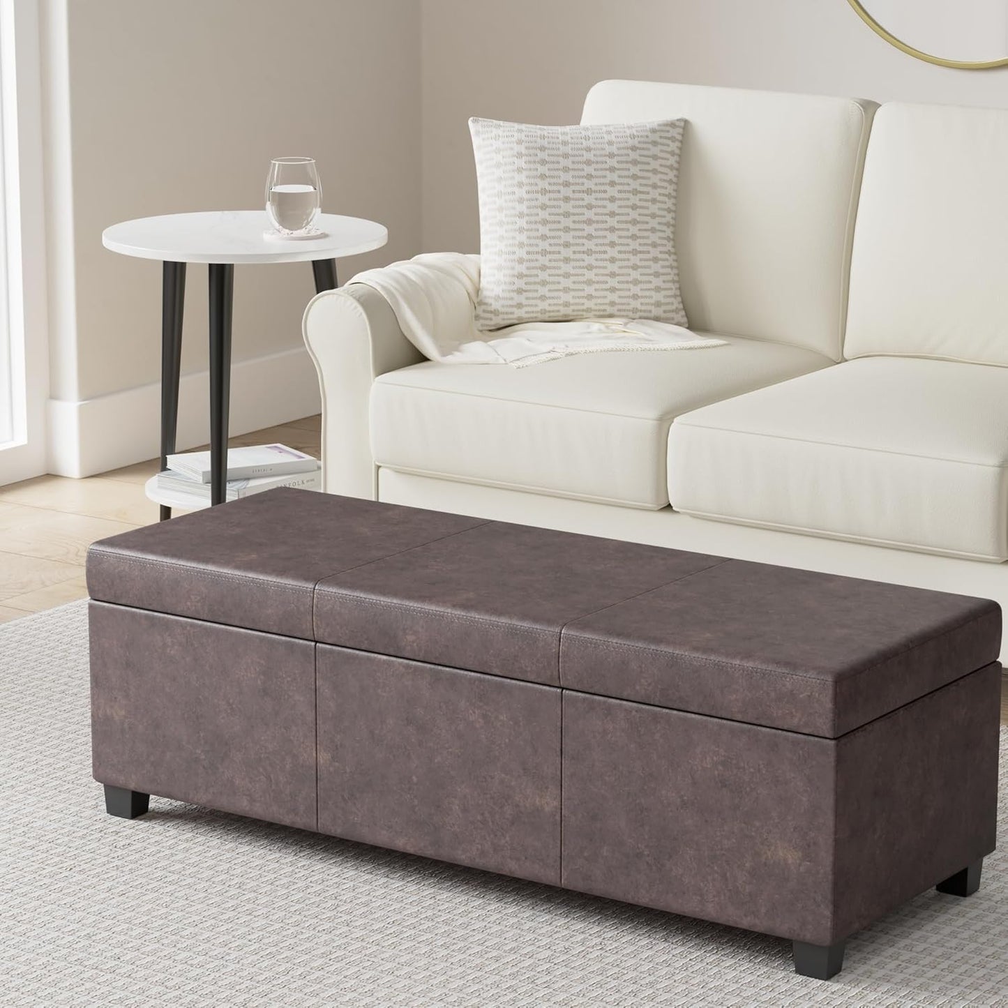 SIMPLIHOME Avalon 48 inch Wide Contemporary Rectangle Storage Ottoman Bench in Distressed Brown Vegan Faux Leather, Assembled, for the Living Room, Entryway and Family Room