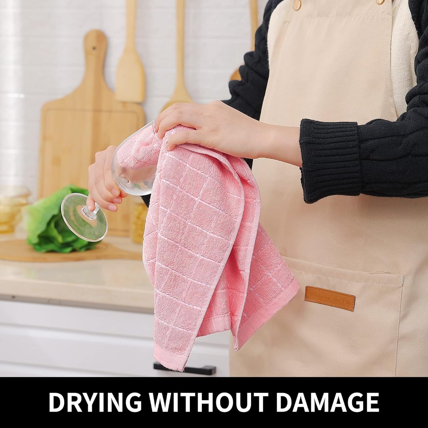 Homaxy 100% Cotton Terry Kitchen Towels(Pink, 13 x 28 inches), Checkered Designed, Soft and Super Absorbent Dish Towels, 6 Pack