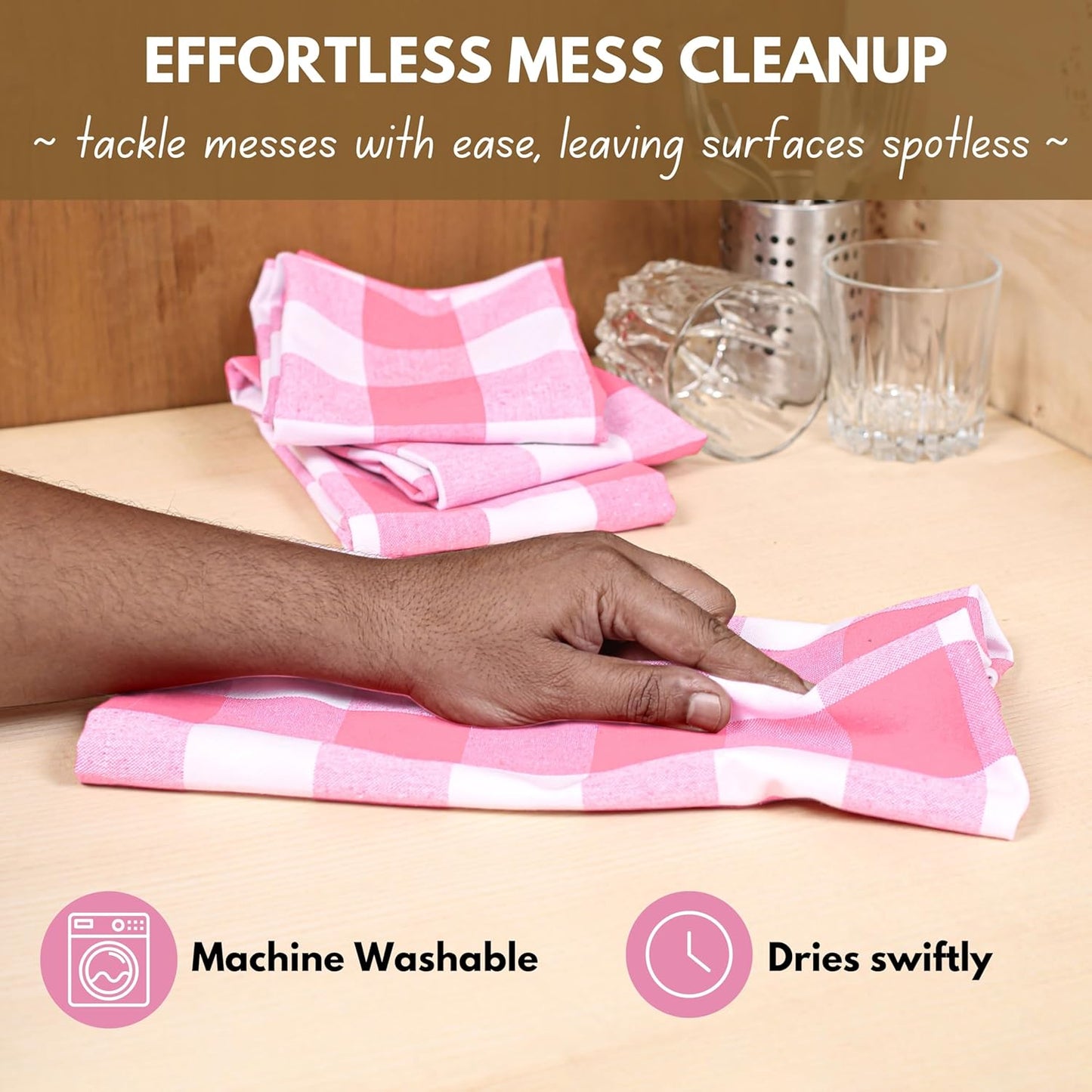 Native Fab Pink Checked Kitchen Towel 16"x26" - 12 Pack Buffalo Plaid Cotton Dish Towels - Absorbent Dishcloth Set, Soft Reusable Towels with Hanging Loop - Pink White