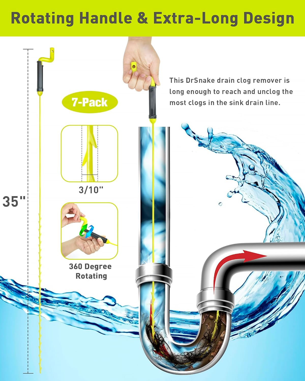 35inch Drain Clog Remover, Drain Cleaner Hair Clog Remover with Rotating Handle and 7 Refills, Drain Hair Remover Plumbing Snake, Easy and Quick Unclog Bathtub Drain, Sink, Shower (7 Pack)