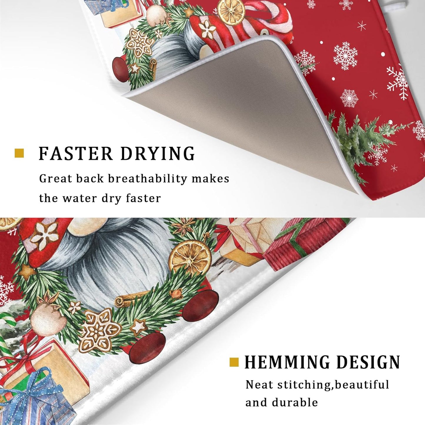 Christmas Gnome Dish Drying Mats for Kitchen Counter Christmas Gnomes Snowflakes Absorbent Microfiber Dishes Drying Pad Xmas Kitchen Drying Mat Drying Rack Mat Kitchen Accessories 16"x18"