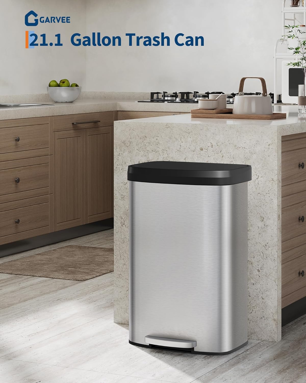 Garvee 21 Gallon / 80 Liter Stainless Steel Trash Can with Lid, Large Garbage Can for Kitchen, Rustproof Step-on Kitchen Metal Trash Bin with Liner Rim, Rear Handle, Soft Close Plastic Lid, Silver