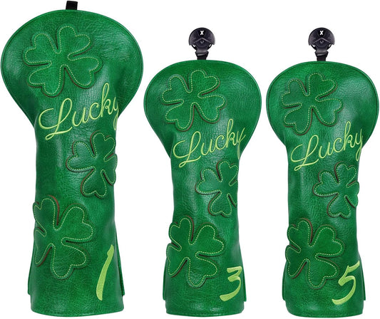Golf Headcovers Golf Club Head Covers Four Leaf Clover Good Luck Charm - Clover Style Premium Leather Driver Fairway(FW) Wood Hybrid(UT) with Number Tags