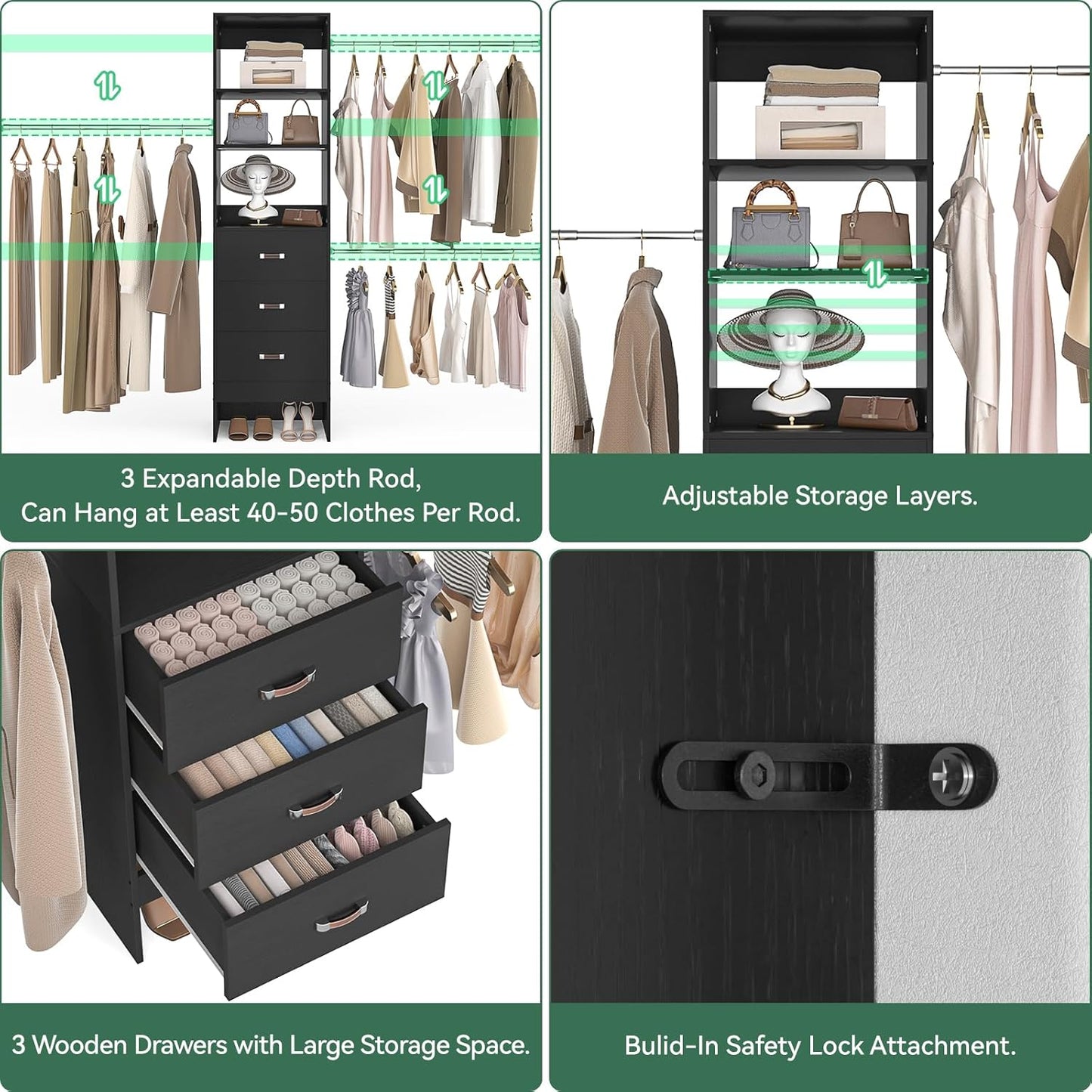 96'' Closet Organizer System with 3 Hanging Rods (Without 3 Storage Shelves), 8FT Closet Systems, Wall Mount Bedroom Wardrobe with 3 Wood Drawers, Adjustable Garment Rack from 5 to 8FT, Black