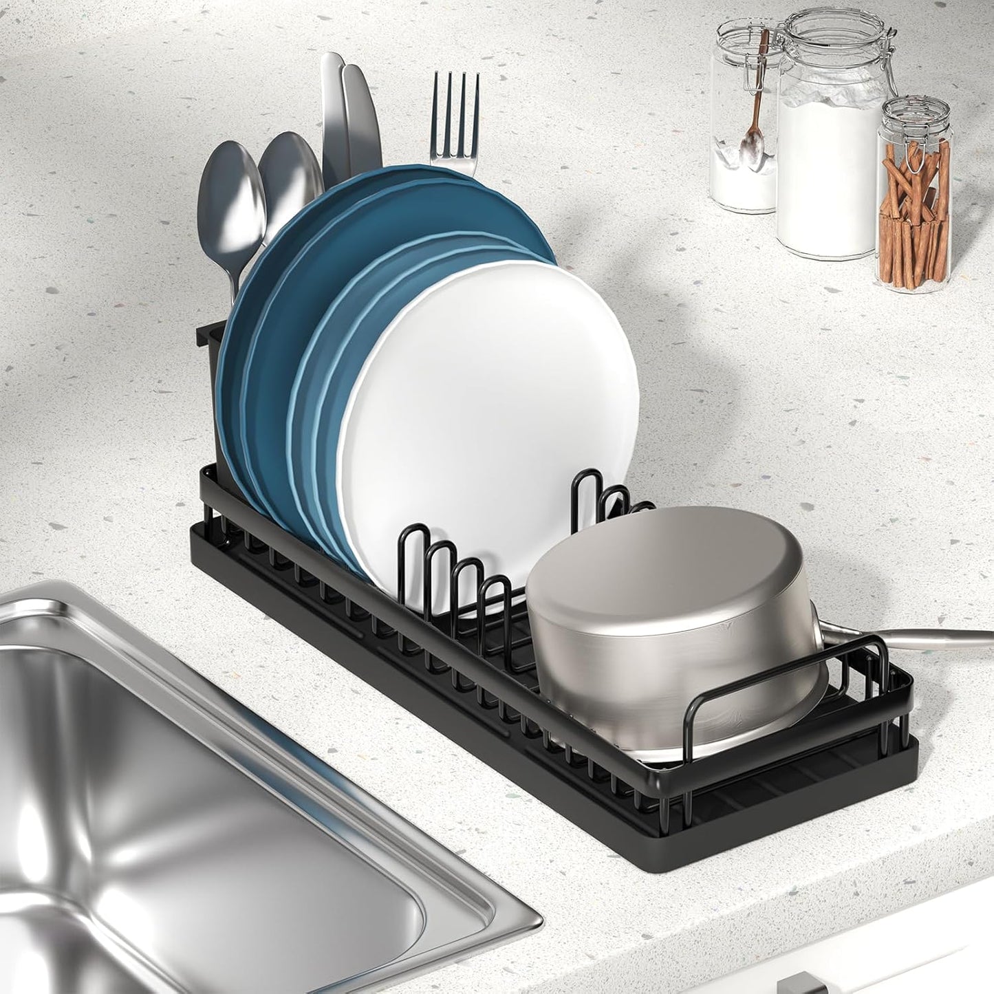 Small Dish Drying Rack, Compact Sink Dish Drainer Plate Rack Organizer with Utensil Holder and Silicone Drying Mat for Kitchen Counter, RVs, Apartments