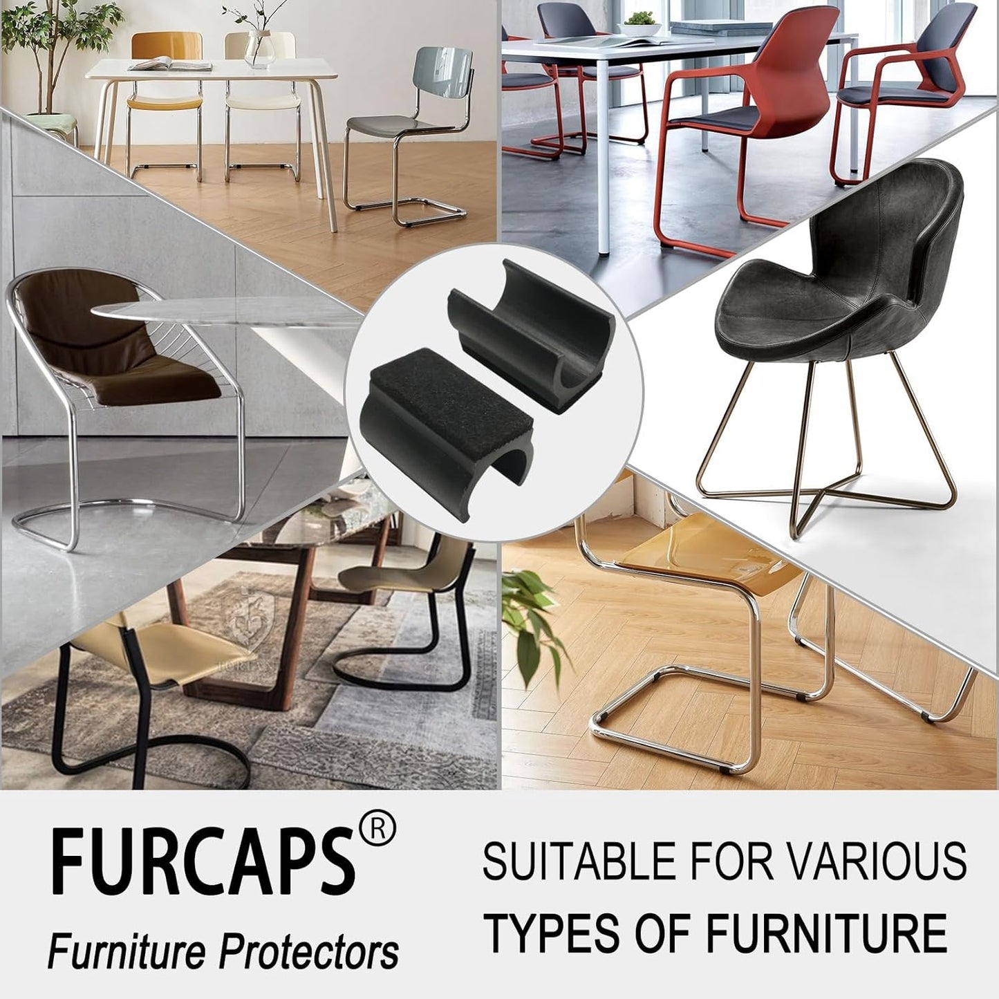 Rectangle U Shaped Chair Leg Tips Cap with Felt Pads,Furniture Feet Protector Slide Smoothly Glides,Protect Hardwood Floor No Scratches No Noise,Fit 19mm(3/4inch) Diameter Tubular Legs (Black 32PCS)