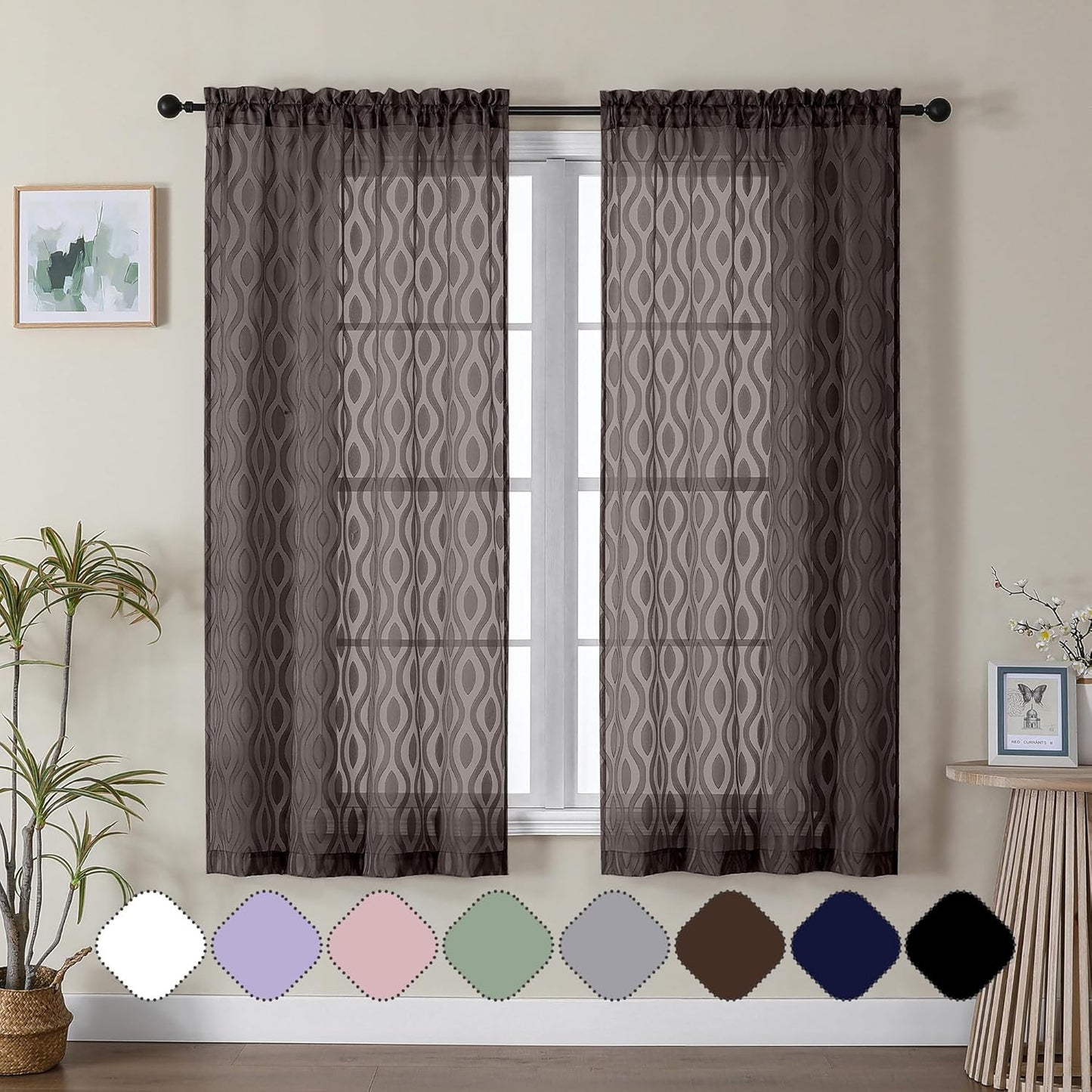 Aiyufeng Sheer Curtains 63 Inch Length 2 Panels Set, Solid Brown Light Filtering Voile Window Treatments for Bedroom Living Room, Modern Wavy Line Textured, 40" W X 63" L