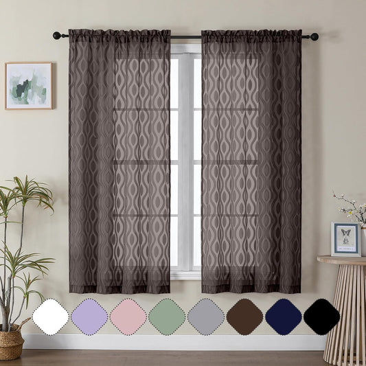 Aiyufeng Sheer Curtains 63 Inch Length 2 Panels Set, Solid Brown Light Filtering Voile Window Treatments for Bedroom Living Room, Modern Wavy Line Textured, 40" W X 63" L