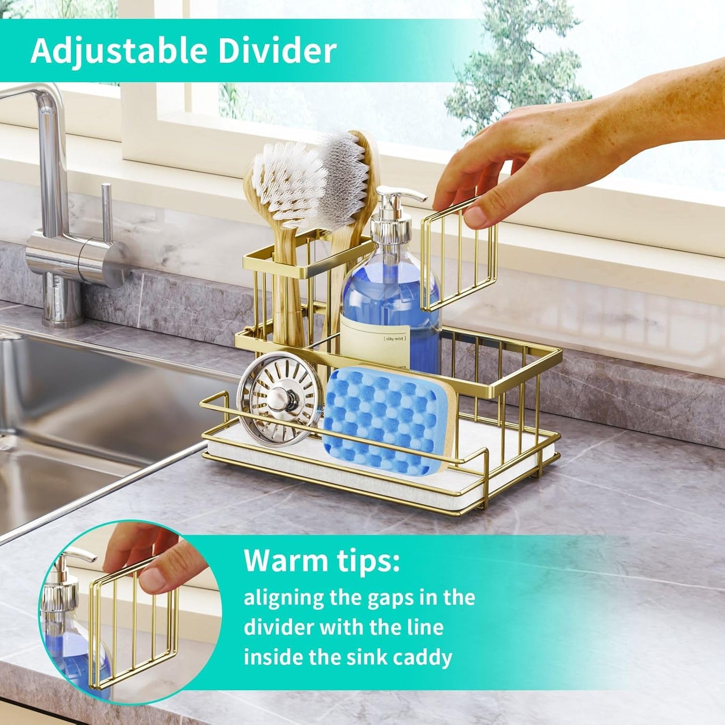 HapiRm Sink Caddy Sponge Holder - Kitchen Sink Organizer with Instant Drying Stone and Brush Holder, Stainless Steel Sponge Caddy for Kitchen Countertop - Gold