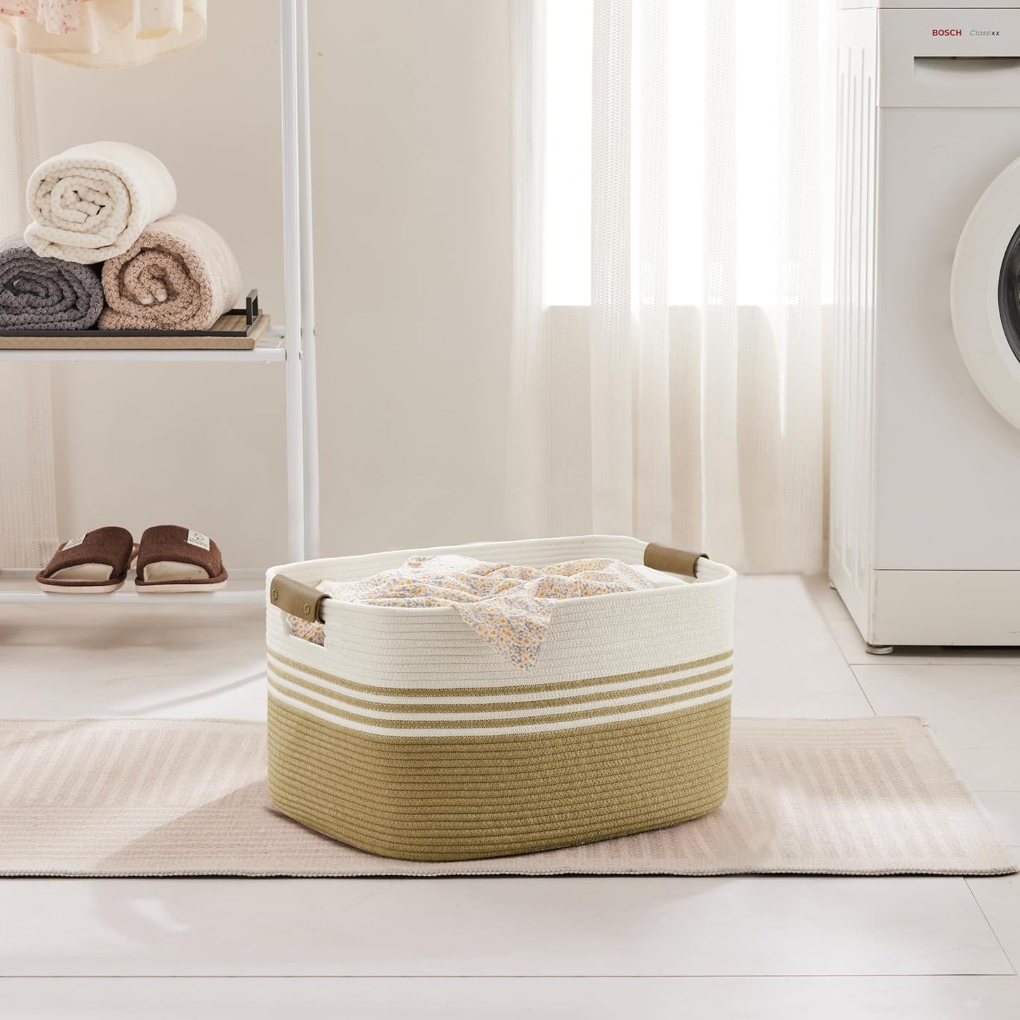 45L Small Laundry Basket with Leather Handles for Living Room Storage, Woven Rope Baskets Bin for Blanket, Kids Toy, Gifts, Wicker Hamper for Bedroom Dirty Clothes, 18"x14"x11" Khaki