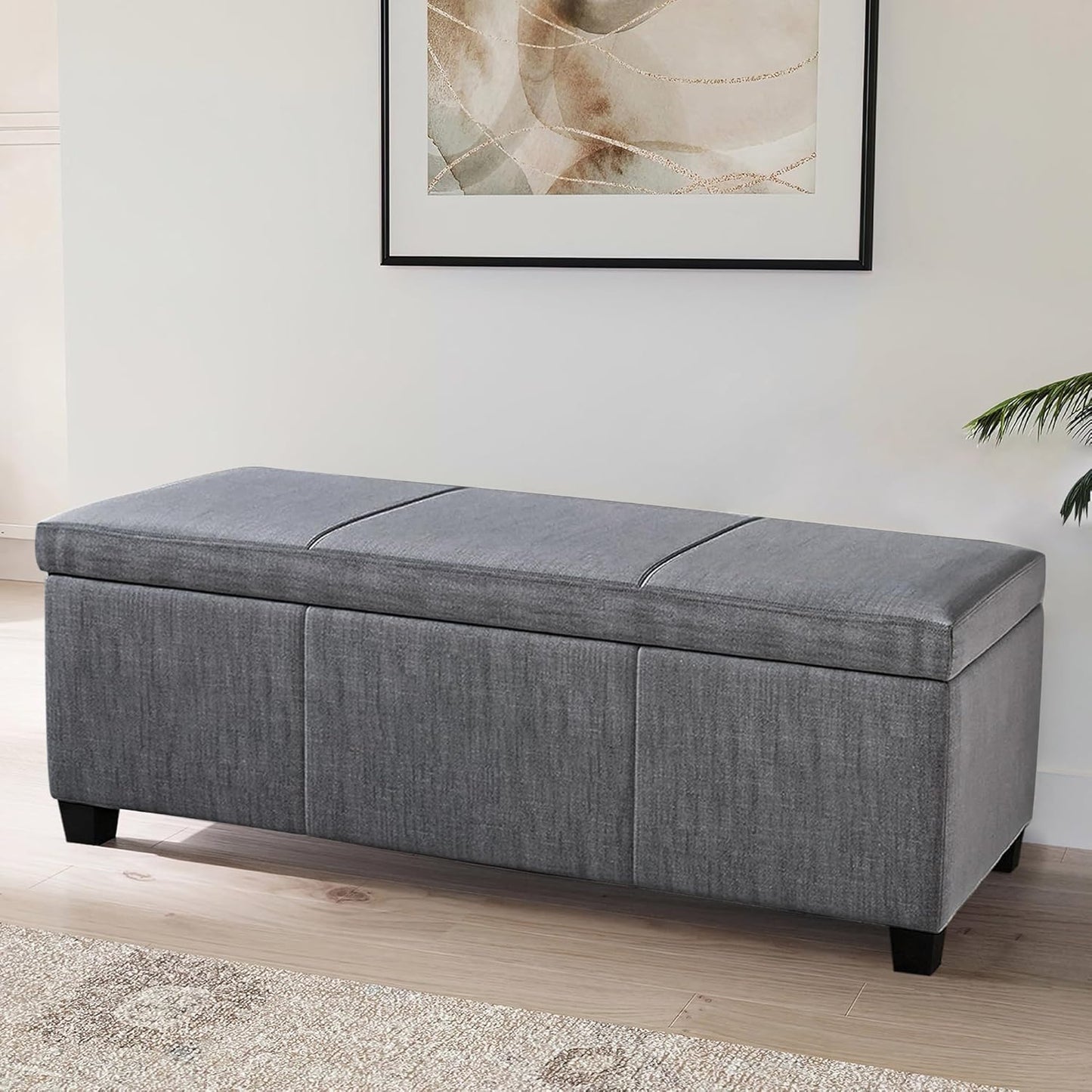 BELLEZE Storage Ottoman, 47 Inch Bench Bedroom Bench with Safety Close Hinge, Extra Long Ottoman with Storage for Living Room, Entryway, Hallway, Foot Rest, Support 300lbs - Gray