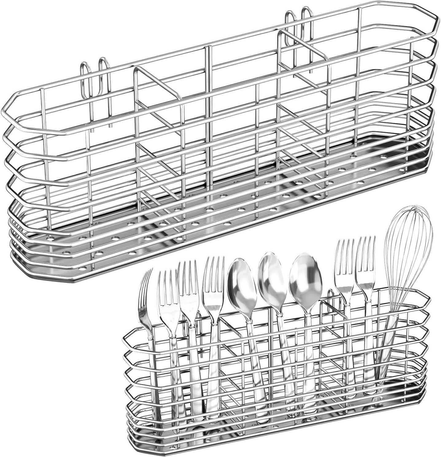 304 Stainless Steel Utensil Holder, Silverware Drying Rack with Hooks for Dish Drainer, Knife and Fork Drainer Basket with 3 Divided Compartments, Kitchen Drainage Basket Accessories, Rust Proof