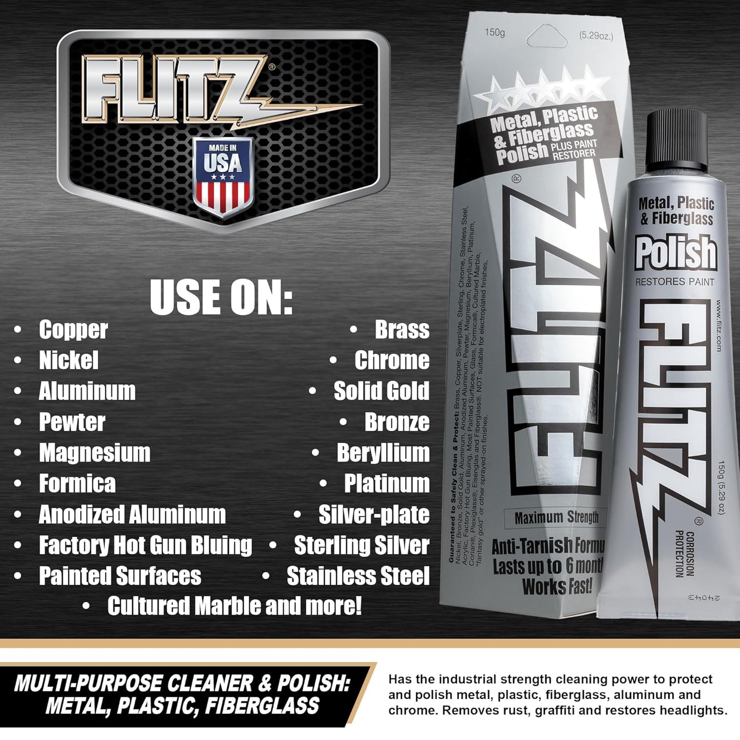 Flitz Multi-Purpose Metal Polish Paste - 5.29oz Tube of USA-Made Chrome Polish - Works on Stainless Steel, Aluminum, Plastic, Jewelry and Cars - Non-Abrasive Cleaner & Rust Remover (1 Pack)