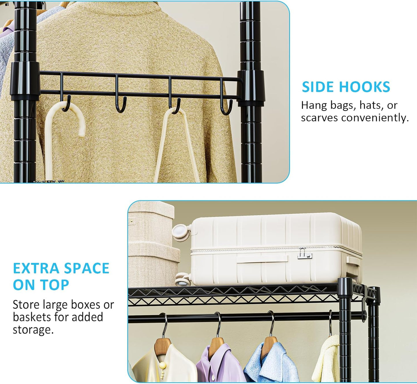 IZEUK Heavy Duty Rolling Garment Rack with 3 Adjustable Wire Shelves, Hanging Rod & Side Hooks - Extra Large Mobile Clothes Rack with Wheels, 47.2" W x 17.7" D x 83.6" H, Black