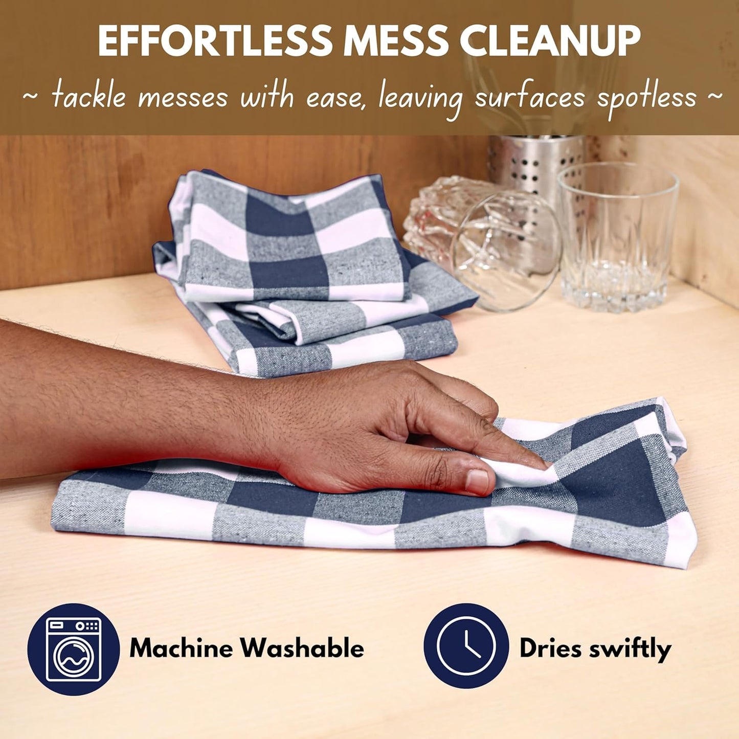 Native Fab 12-Pack Kitchen Towel with Hanging Loop 16x26 inches, Cotton Buffalo Check Kitchen Towels for Cleaning Drying, Washcloths Soft & Absorbent Cloth Rags, Bar Towel, Dish Cloth, Navy